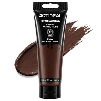 GOTEIDAL Acrylic Paint Burnt Umber Tubes (250ml / 8.45oz) Brown Paint | Art Craft Paints, Rich Pigments Non Toxic for Canvas Painting, Rock, Stone, Wood, Art Supplies - color: Umber