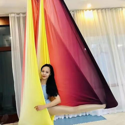 Aerial Yoga Hammock L:5M W:2.8M 5.5 Yards Aerial Pilates Silk Yoga Swing Set with 2000 Ibs Load Include Daisy Chain, Pose Guide - color: Gradual Change Red