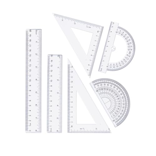Geometry Set, 6-piece Clear Plastic Math Ruler, Drafting Ruler Kit Includes Protractor, Triangle Ruler, Straight Ruler-Math Measurement Tools for Students, School and Office Supplies
