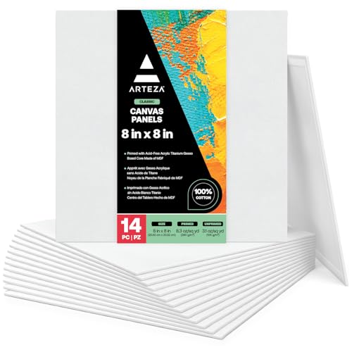 Arteza Paint Canvases for Painting, Pack of 14, 8 x 8 Inches, Square Blank Art Canvas Boards, 100% Cotton, 8 oz Gesso-Primed, Art Supplies for Adults and Teens, for Acrylic Pouring and Oil Painting - size: 8"x8"