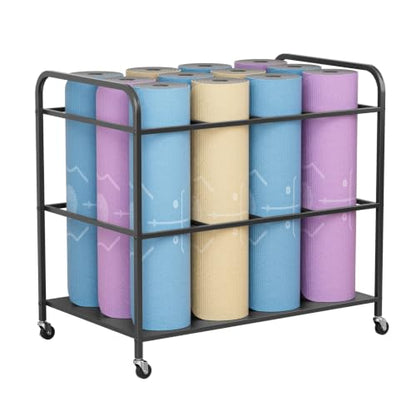 Yoga Mat Storage Rack with Wheels, Rolling Home Gym Organizer for Fitness Equipment, Heavy Duty Iron Workout Cart Holds 12 Mats, 31.5 x 19.7 x 29.5 Inches, Black Black