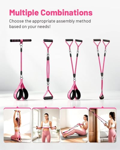 Multifunction Pedal Resistance Band with Handle, 4 Tubes 30/40/50LB Adjustable Foot Pedal Puller Resistance Band with Foam Handle& Storage for Men Women Core, Arm, Legs, Body Workout Home Gym, Pink