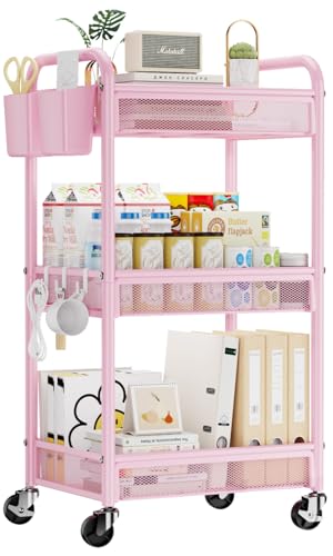 YASONIC 3 Tier Metal Rolling Cart, Pink Utility Storage Cart with Wheels - color: Pink, size: 3-tier