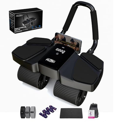 Ab Roller Home Gym Equipment – 4 Wheels Ab Wheel Muscle Roller with Automatic Rebound, Yoga Stretching Strap, 3 Resistance Bands – Comfortable Elbow Support with Non-Slip Handles – Built-in Workout Tracker - color: Black New + 3 Bands + 1 Strap