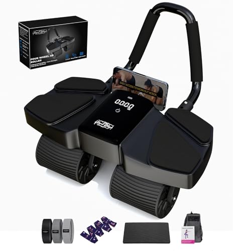 Ab Roller Home Gym Equipment – 4 Wheels Ab Wheel Muscle Roller with Automatic Rebound, Yoga Stretching Strap, 3 Resistance Bands – Comfortable Elbow Support with Non-Slip Handles – Built-in Workout Tracker - color: Black New + 3 Bands + 1 Strap