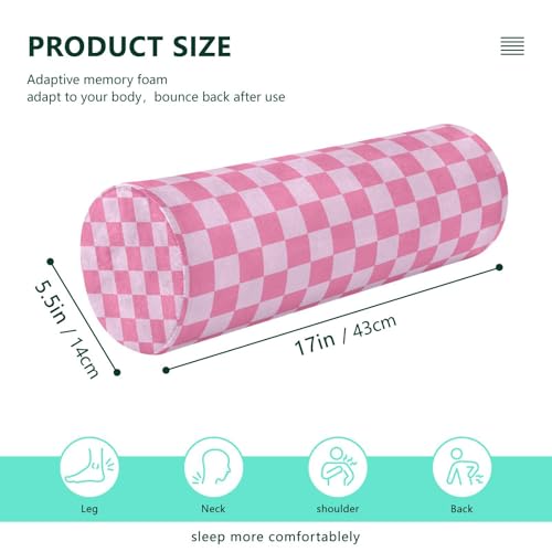 Checkered Pink Neck Roll Pillow Bolster Round Health Memory Foam Long Cervical Cylinder Pillows with Removable Washable Cover for Body Bed Legs Back Yoga - color: Checkered Pink