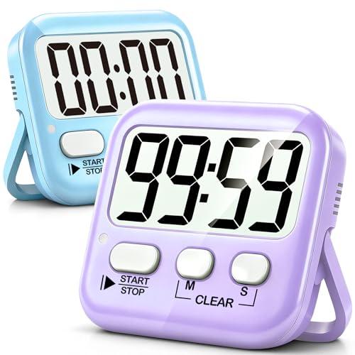 Antonki 2 Pack Digital Timer for Kids Classroom Kitchen Timers for Cooking | w/ Battery, Easy to View, Alarm, Mute Mode, Count Down/Up, Magnetic, Kickstand, Hanging, Classroom Timer for Teacher Supplies - color: 2 * Sky Blue + Lavender Purple