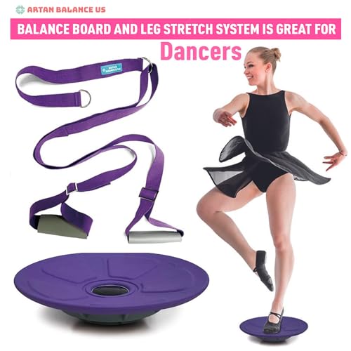 Cheer Flyer Stunt Trainer Balance Board & Leg Stretching Strap 2 Pc Set | For cheer flyers, dance, ballet, gymnastics, flexibility, stability, core strength and home practice - color: Purple