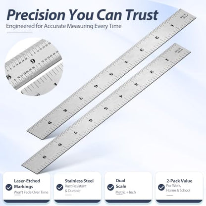 EBOOT 2 Pcs Stainless Steel Ruler Machinist Engineer Ruler with Markings 1/8, 1/16, 1/32, 1/64 Inch for Engineering, School, Office, Architect, and Drawing (10 Inch) - size: 10 Inch