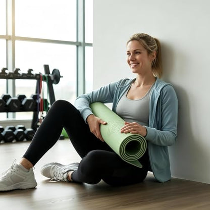 Yoga Mat Non Slip, 8mm TPE Exercise Mat with Carrying Strap, Eco Friendly Fitness Mat for Yoga Pilates Gym Workout, 72" x 24" - color: Green + Light Gray