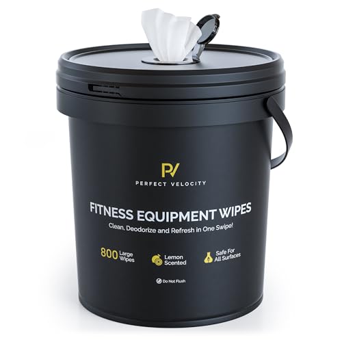 Fitness Equipment Wipes with Reusable Bucket Dispenser - 800 Pre-Moistened Lemon Scented Multi-Surface Wet Wipes - All Purpose Gym Cleaner for Yoga Mats & Exercise Equipment