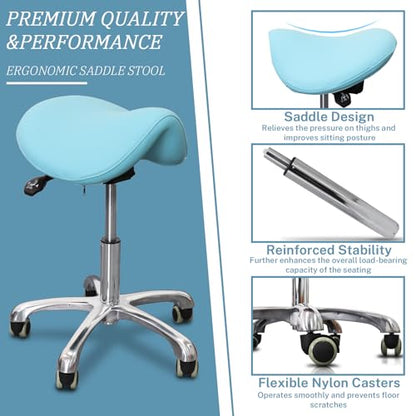 Ergonomic Saddle Chair,Heavy-Duty Rolling Stool with Wheels | 500lbs|Adjustable Height |360° swivel Silent PU casters|For Massage,Salon, barber ,tattoo,Spa ,Drafting,Clinic, Lab, Office - color: Blue