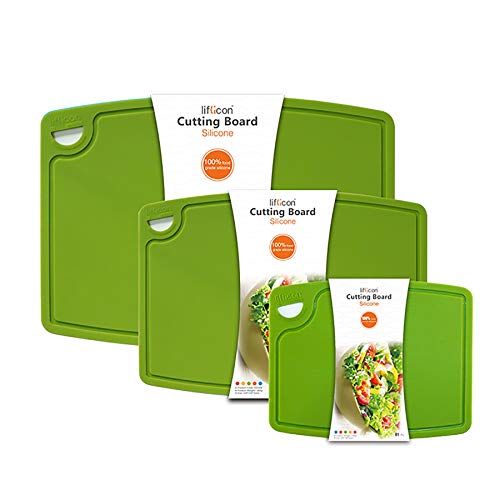 Liflicon Silicone Thick Cutting Boards Mats Set of 3 Foldable & Flexible Design Juice Grooves Easy Grip Handle Dishwasher Safe for Kitchen,BPA free Silicone Cutting Board-Green - color: Green, size: S+M+L