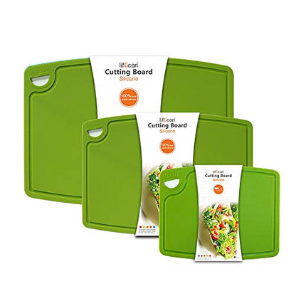 Liflicon Silicone Thick Cutting Boards Mats Set of 3 Foldable & Flexible Design Juice Grooves Easy Grip Handle Dishwasher Safe for Kitchen,BPA free Silicone Cutting Board-Green - color: Green, size: S+M+L