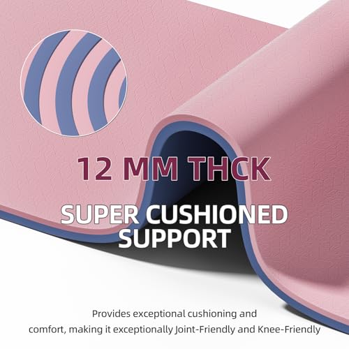 Extra Thick 12mm TPE Exercise Yoga Mat with Strap, 72"L x 24.8"W Non-slip Workout Mat for gymnastics, Pilates, Home, Workout, Gym Floor Fitness - color: Pink + Navy Blue