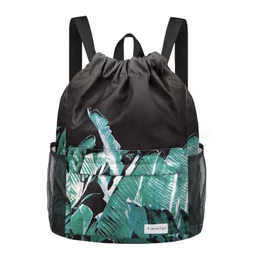 Waterproof Drawstring Backpack Sports Gym Sackpack with Mesh Pockets Water-Resistant String Cinch Beach Bag for Men Women - color: Print - Black Leaves