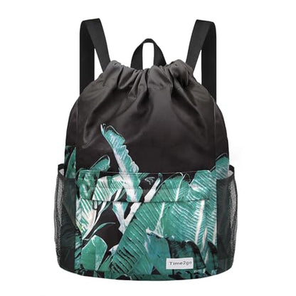 Waterproof Drawstring Backpack Sports Gym Sackpack with Mesh Pockets Water-Resistant String Cinch Beach Bag for Men Women - color: Print - Black Leaves