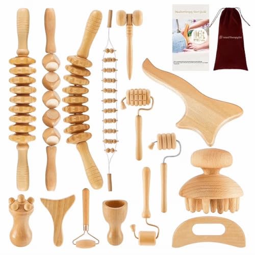 15 Pcs Wood Therapy Massage Tools Set, Wooden Rollers, Gua Sha & Facial Massage Tools for Body Sculpting and Self Care, Full Body Home Spa Kit - color: 15pcs