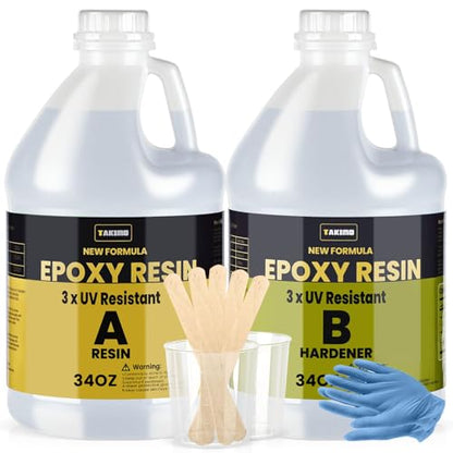 TAKIMO 68OZ 3X UV Resistant Crystal Clear Epoxy Resin Kit, 1:1 High Gloss | Non-Yellowing Formula, Bubble-Free, Self-Leveling, Art, Crafts, Jewelry, Casting, Coating and Tabletop Projects - size: 68 OZ
