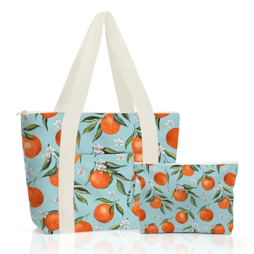 IAXIC Waterproof Tote Bag and Wet Bag Set, Summer Pattern Design for Beach Travel Gym Holiday Gifting - color: Mint Green Orange