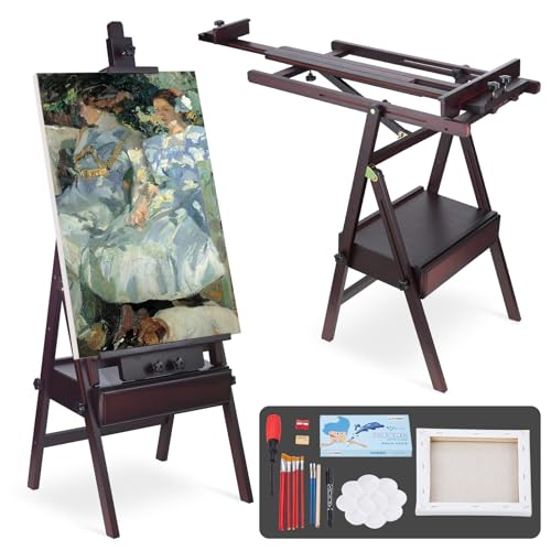Beech Wood H-Frame Painting Easel with Storage Drawer, Walnut | Heavy-duty Studio Easel, Adjustable Height & Angle Floor Easel Stand, Holds 30"-48" Canvas, Foldable Artist Easel for Adults - color: Walnut