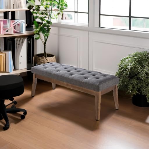 24KF Linen Upholstered Buttons Tufted Entryway Bench with Solid Wood Leg,Bed Bench Ottoman with Padded Seat,5034-Dark Gray - color: Dark Gray Linen, size: Tufted Bench with Solid Wooden Base