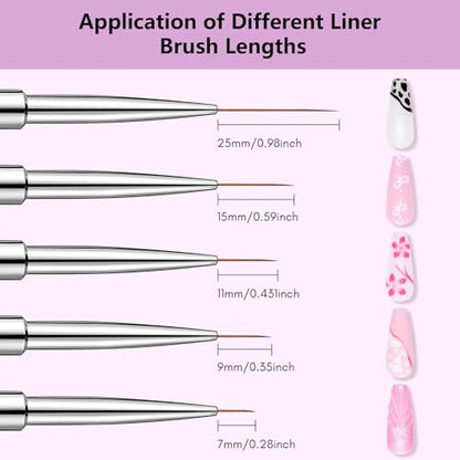 Makartt Nail Art Brushes Set: 5pcs Liner Brushes 7/9/11/15/25mm Thin Nail Art Design Brush with Cap Nail Polish Brush for Builder Gel 3D Nail Gel French Tip Tool Nail Painting | 7/9/11/15/25mm Thin Precision Tips, Ideal for 3D gel, Builder Gel, French Tip