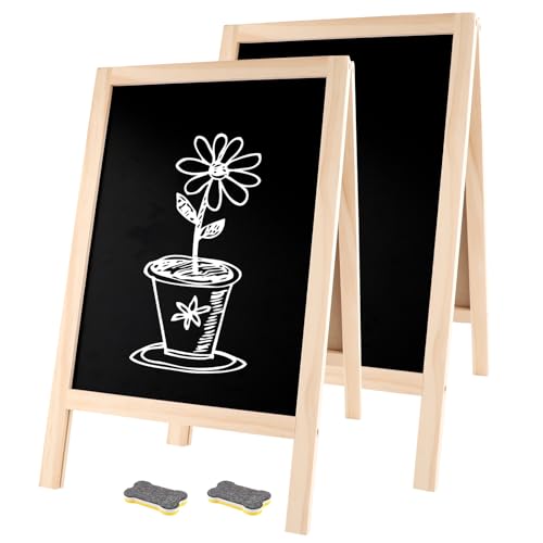 2 Pcs 15.7 x 9.8 Inch Small Chalkboard Signs,Double Sided A Frame Tabletop Menu Board with 2 Erasers,Chalk Board Easel Sidewalk Board,Wooden Sandwich Board for Wedding, Bar,Party Display,Home Decor