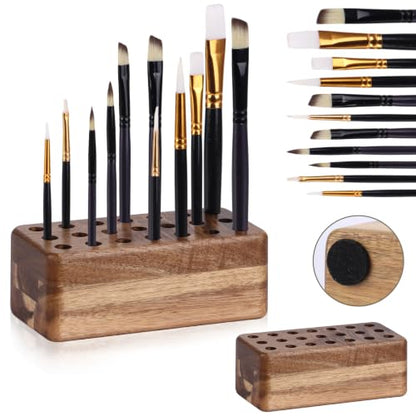 21 Holes Paint Brush Storage Organizer Wooden Paint Brush Holder Stand for Art Brushes Artist Brush Holder for Office Desk Craft Tool Holder 5.9 × 2.8 × 2.2 In
