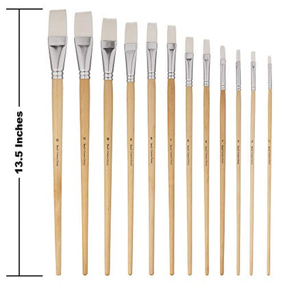 Jerry Q Art 12 PC White Synthetic Hair Flat Brush Set with Long Wood Handles for Watercolor and Acrylic JQ66051
