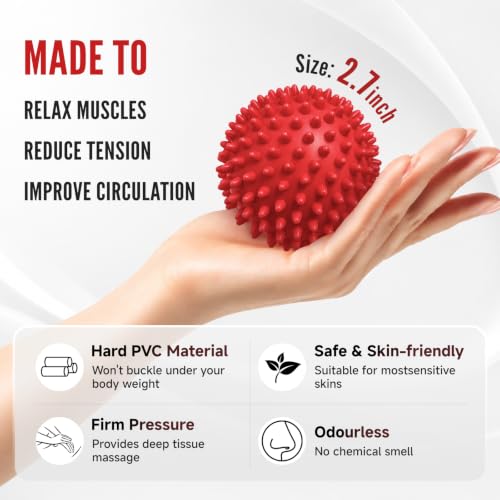 Lacrosse Massage Ball Spiky Ball Set | for Myofascial Release, Plantar Fasciitis, Stress Relief for Back, Neck, Feet, for Home, Office, Gym - color: Blue-red-