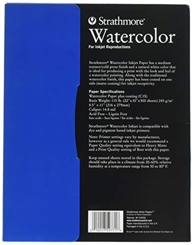 Strathmore Inkjet Watercolor Paper, 8.5x11 inches, 8 Sheets (115lb/245g) - Artist Paper for Adults and Students - Watercolors, Mixed Media, Markers and Art Journaling - size: 8.5"x11"