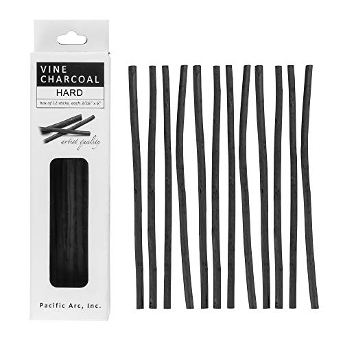 Pacific Arc Artist Vine Charcoal, Hard, Black 12 Pieces, Artist Vine Charcoal Sticks, Hard and Smooth Drawing Charcoal - style: Hard | 12 Sticks