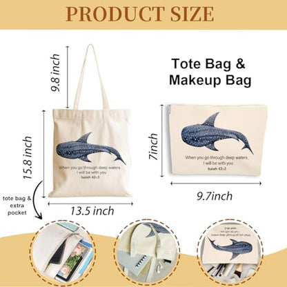 Whale Shark Makeup Bag Canvas Tote Bag Gifts for Women Friend Birthday Beach Shopping Appreciation Christmas - color: Deepwatersisaiah 388