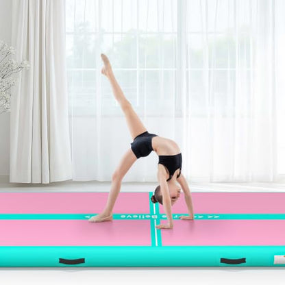 FINCOME Inflatable Gymnastics Air Mat Tumble Track Mats for Home with Pump - color: Green Pink, size: 13ft*3.3ft*4inches(4m*1m*0.1m)