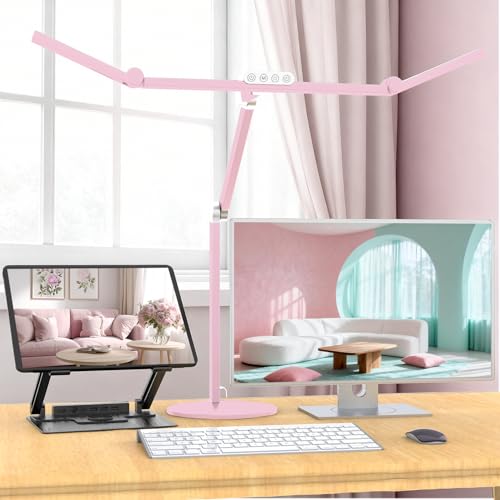 Led Desk Lamp with Base, Adjustable Tall Architect Desk Light for Home Office with Flexible Swing Arm, 24W Pink Bright Table Lamp Auto Dimming Computer Light for Workbench - color: Pink