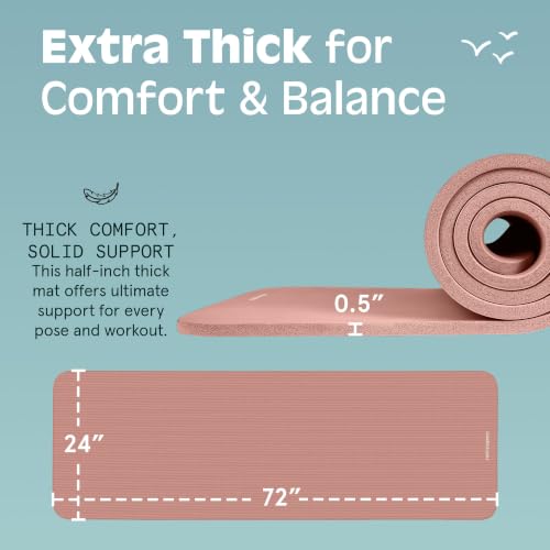 Retrospec Solana Yoga Mat Thick 1/2in Non-Slip Workout Mat with Nylon Strap - 72x24in Exercise Mat for Pilates, Stretching & Fitness - BPA Free, Easy Clean - color: Rose