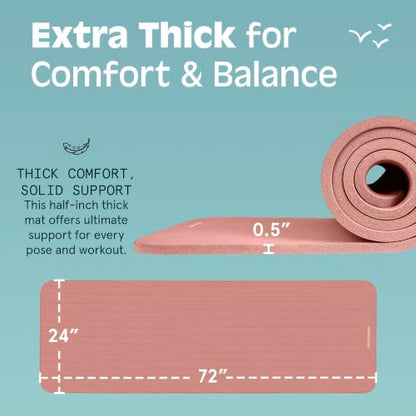 Retrospec Solana Yoga Mat Thick 1/2in Non-Slip Workout Mat with Nylon Strap - 72x24in Exercise Mat for Pilates, Stretching & Fitness - BPA Free, Easy Clean - color: Rose