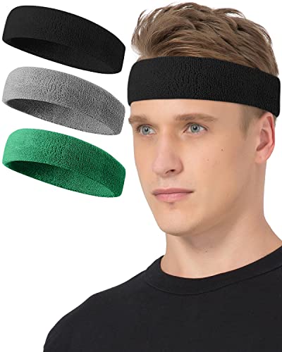 Tanluhu Sweatbands Sport Headbands for Working Out, Exercise, Tennis, Basketball, Running - Terry Cloth Athletic Sweat Cotton Headband Outdoor for Men & Women - color: Black/Gray/DP Green