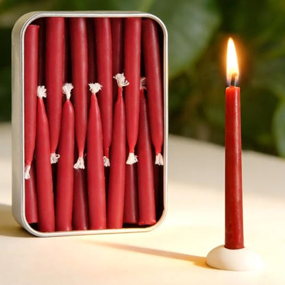 20 Minute 100% Pure Beeswax Candles, Mini Mindful Meditation Taper Candles, Smokeless & Dripless with Holder for Yoga, Prayer, Relaxation (Red,24 Pack) - color: Red