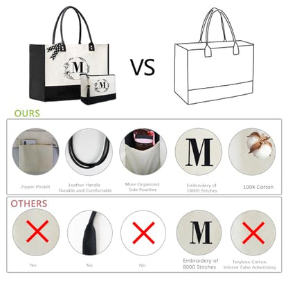 BeeGreen Embroidery Monogram Initial Tote Bag for Women Teacher Mom Friend Personalized Gift for Birthday Beach Work Wedding - color: White Lily, style: M