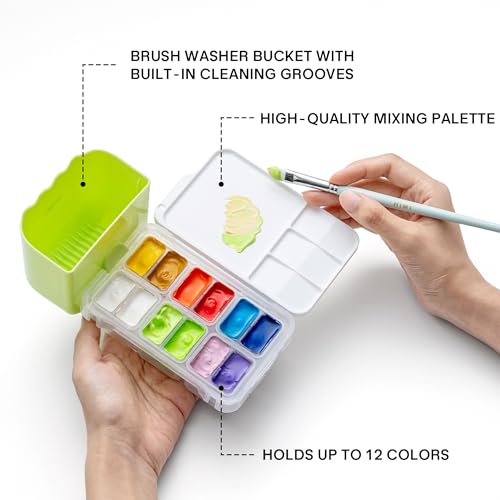 HIMI Travel Box Gouache Set – Holds up to 12 Colors, Mixing Palette, Brush Washer Bucket with Built-in Cleaning Grooves, Unique Portable Carry Bag for Artists & Beginners