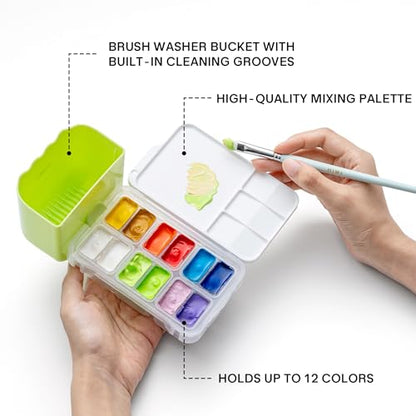 HIMI Travel Box Gouache Set – Holds up to 12 Colors, Mixing Palette, Brush Washer Bucket with Built-in Cleaning Grooves, Unique Portable Carry Bag for Artists & Beginners