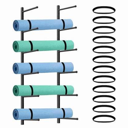 Yoga Mat Holder Wall Mount with 12 Straps, 6 Tier Metal Yoga Mat Storage Rack Home Gym Exercise Workout Equipment Organizer for Foam Roller Resistance Bands