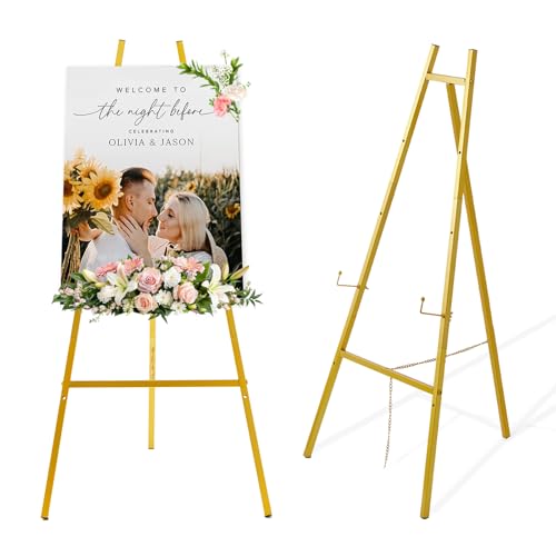 57.1" Gold Easel Stand for Sign,Tall Heavy Duty Display Easel | Folding Metal Easel for Wedding Welcome Sign,Poster，Mirror, Painting，Art Display, Photo, 4-Tier Height ，Adjustable Chain - size: high--57.1"