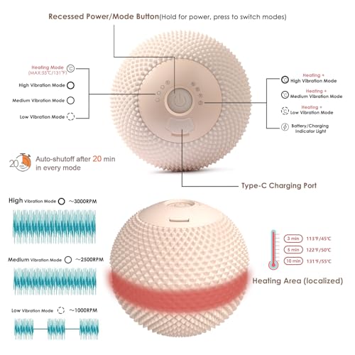 Heating Vibrating Massage Ball with 7 Modes & Memory Function | Electric Massage Ball with Recessed Button Design for Myofascial Release, Deep Tissue & Trigger Point Therapy (Beige) - color: Beige
