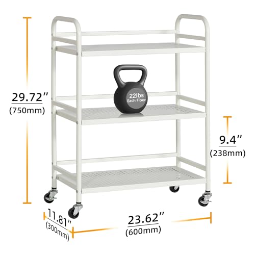 HDANI 3단 금속 롤링 헤비 카트, 층당 18.1kg(40파운드) 지지력, 사무실, 가정, 침실, 주방, 욕실용 잠금 가능한 바퀴 2개가 있는 메시 롤링 카트 (화이트) - color: 화이트., size: Large Mesh