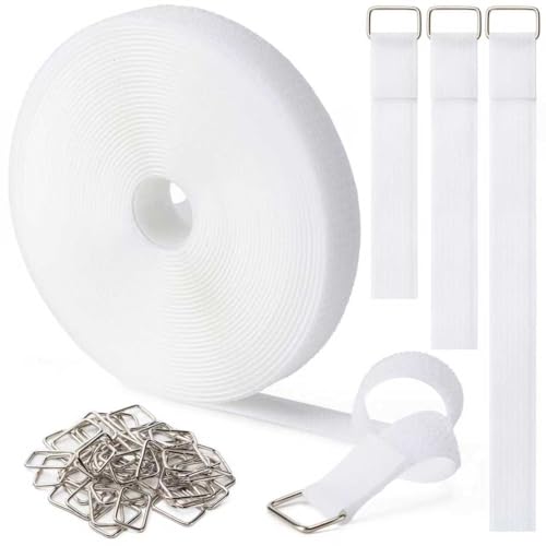 1" x32Ft Hook and Loop Straps with 50 Metal Buckles，White - color: White, size: 1"×32ft Metal Buckle