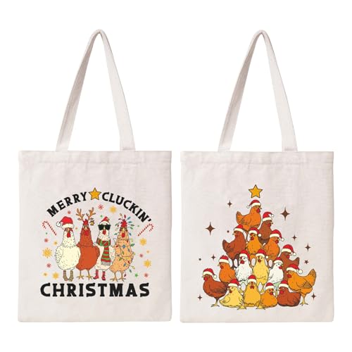 Kazova Merry Cluckin Tote Bag Funny Christmas Chicken Tote Bag for Women Xmas Holiday Canvas Handbag with Long Handles Reusable Grocery Shopping Beach Cotton Handbag - color: Cluckin