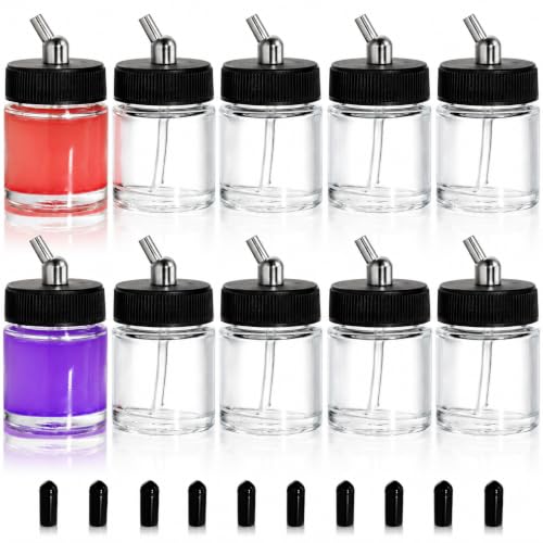 Goaste 10 Pack Glass Airbrush Bottles Kit, 22cc Empty Airbrush Jars, Transparent Airbrush Paint Storage Pot with 10pcs Cap Covers, 30° Down Angle Adaptor Lids, Fits Dual-Action Siphon Feed Airbrushes